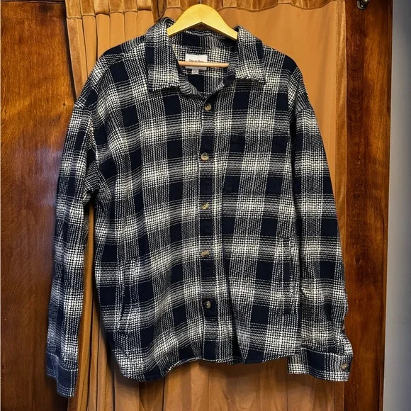 Navy and Off White Plaid flannel Shirt Jacket - Picture 1 of 3